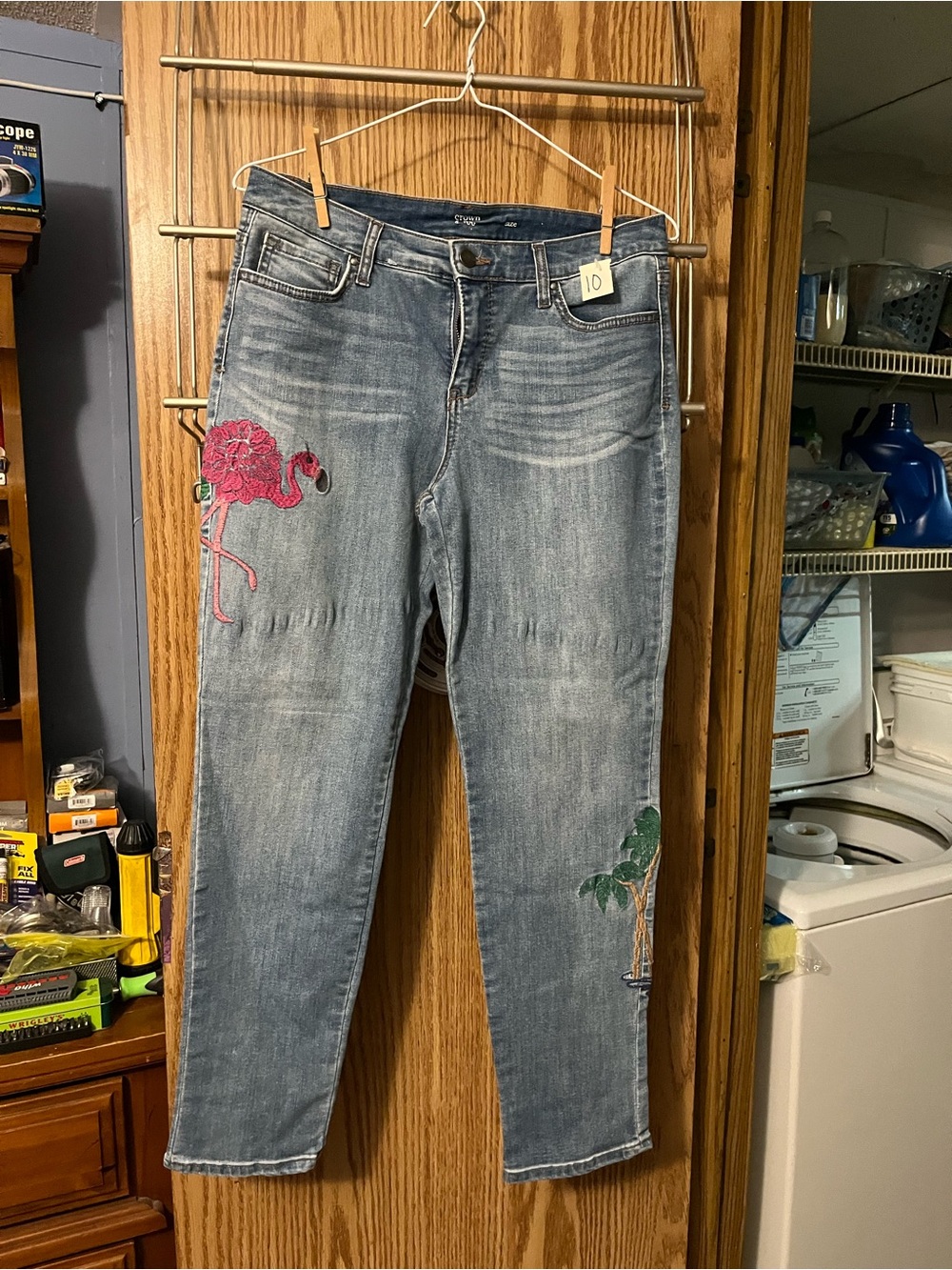 crown & ivy Light Blue Skinny Jeans with Pink Flamingo & Green Palm Embroidery